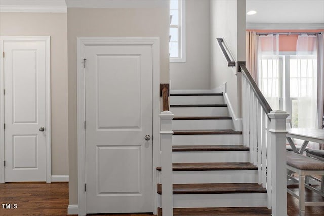 stairway featuring ornamental molding, a wealth of natural light, baseboards, and wood finished floors