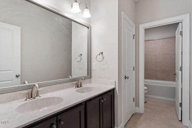 bathroom with tile patterned flooring, a sink, toilet, and double vanity