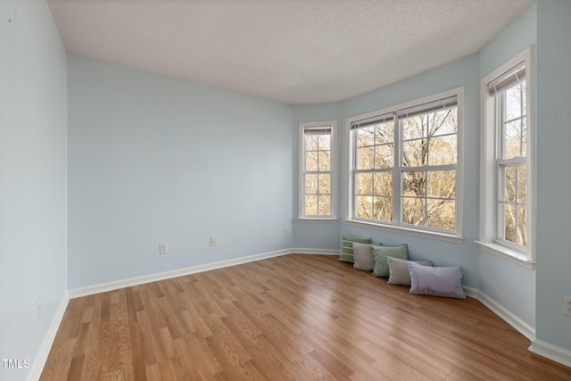 unfurnished room featuring light wood-type flooring, a healthy amount of sunlight, baseboards, and a textured ceiling