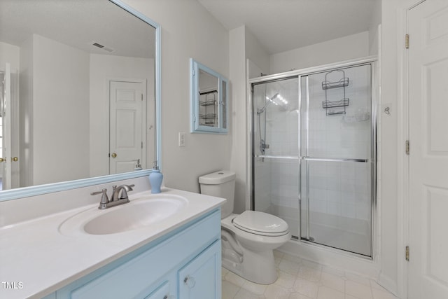 full bathroom with visible vents, a stall shower, vanity, and toilet