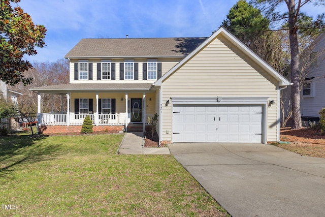 view of front of property with a garage, a front yard, concrete driveway, and a porch