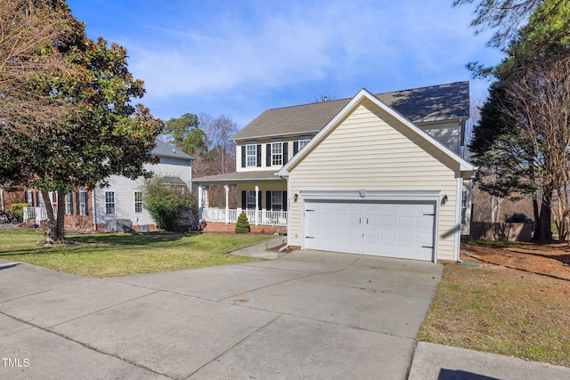 traditional-style house with a garage, covered porch, concrete driveway, and a front yard