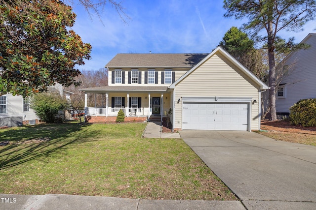 view of front of house with covered porch, driveway, a front yard, and an attached garage