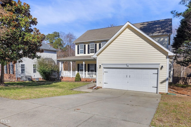 traditional-style home featuring covered porch, concrete driveway, a front lawn, and a garage