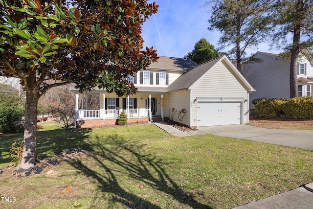 view of front of property with a porch, an attached garage, a shingled roof, driveway, and a front yard