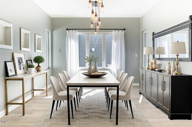 dining room with light wood finished floors and baseboards