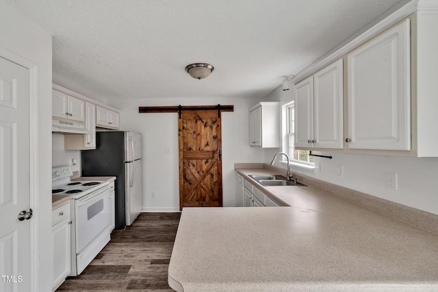 kitchen featuring electric range, a barn door, dark wood-style floors, under cabinet range hood, and a sink