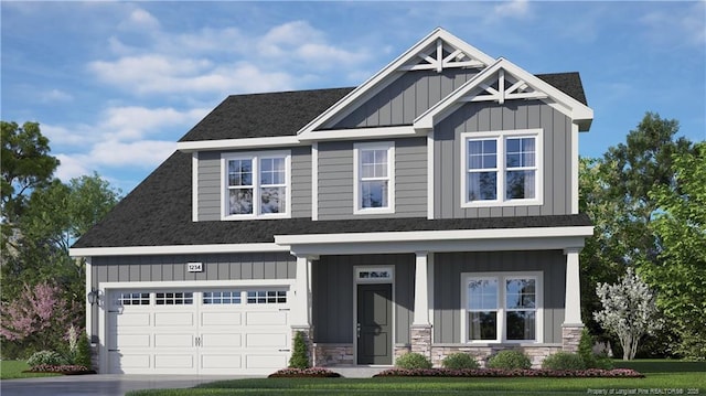 craftsman inspired home with driveway, stone siding, roof with shingles, board and batten siding, and a garage