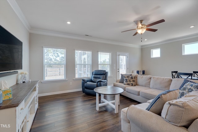 living room with baseboards, dark wood finished floors, a ceiling fan, ornamental molding, and recessed lighting