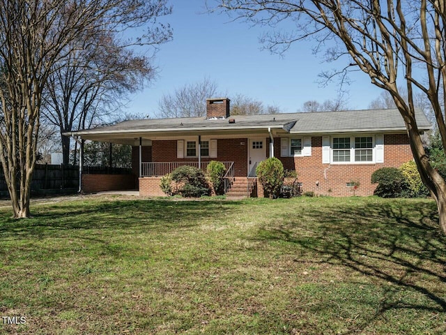 ranch-style house featuring a porch, brick siding, crawl space, a chimney, and a front yard