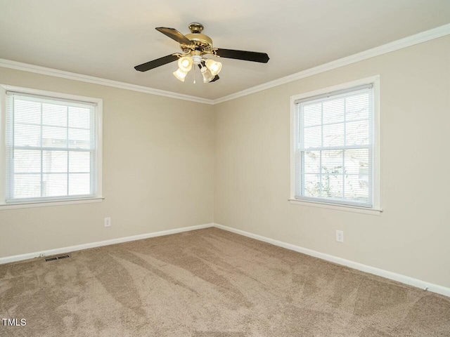 carpeted empty room featuring visible vents, baseboards, ceiling fan, and crown molding