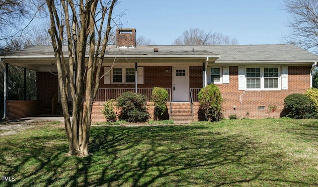ranch-style home with a chimney, crawl space, covered porch, a front lawn, and brick siding