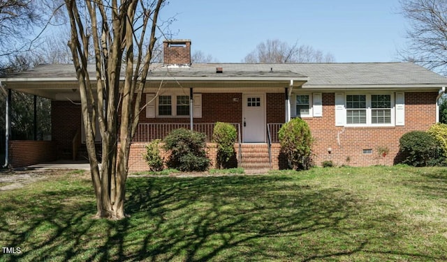 ranch-style home with a chimney, crawl space, covered porch, a front lawn, and brick siding