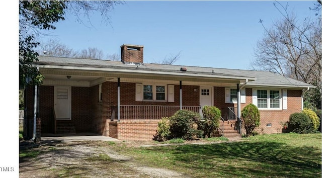 ranch-style house with a porch, crawl space, brick siding, and a chimney