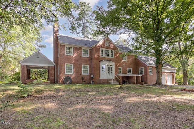 view of front of home featuring entry steps, a garage, a chimney, crawl space, and brick siding