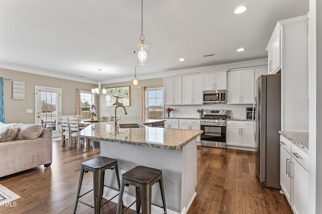 kitchen featuring appliances with stainless steel finishes, dark wood-type flooring, plenty of natural light, and a sink