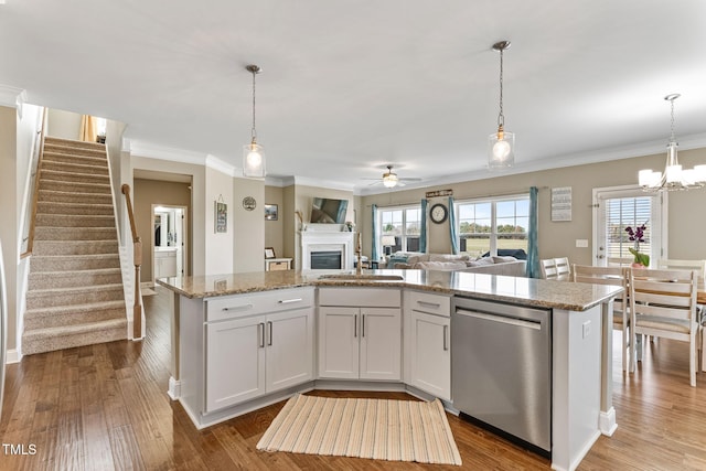 kitchen with a sink, a wealth of natural light, dark wood finished floors, and stainless steel dishwasher