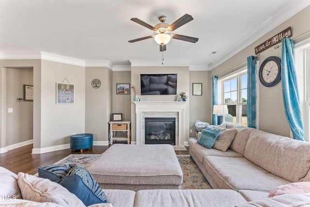 living area featuring baseboards, a glass covered fireplace, wood finished floors, and crown molding