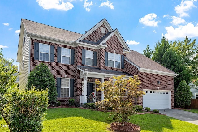 view of front facade with a shingled roof, concrete driveway, brick siding, and a front lawn