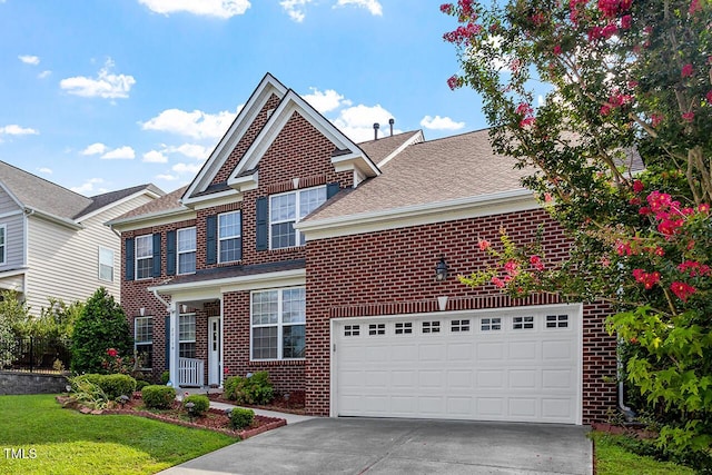 view of front of home with driveway, an attached garage, a front lawn, and brick siding