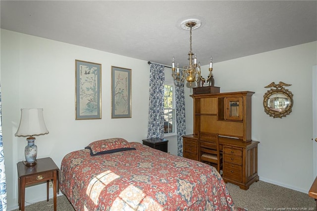 bedroom with baseboards, a notable chandelier, carpet flooring, and a textured ceiling