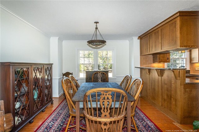 dining area with wood finished floors, a healthy amount of sunlight, and ornamental molding