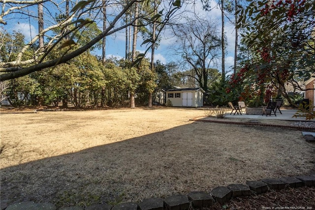 view of yard with a patio, an outbuilding, and a shed