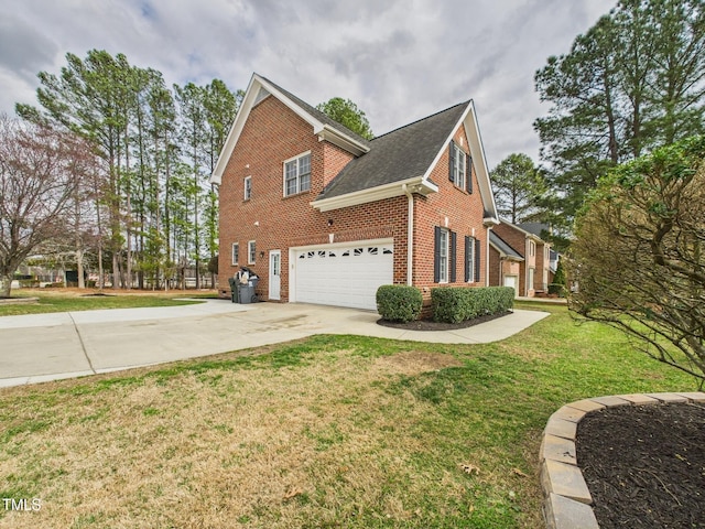 view of side of home with concrete driveway, brick siding, a lawn, and an attached garage