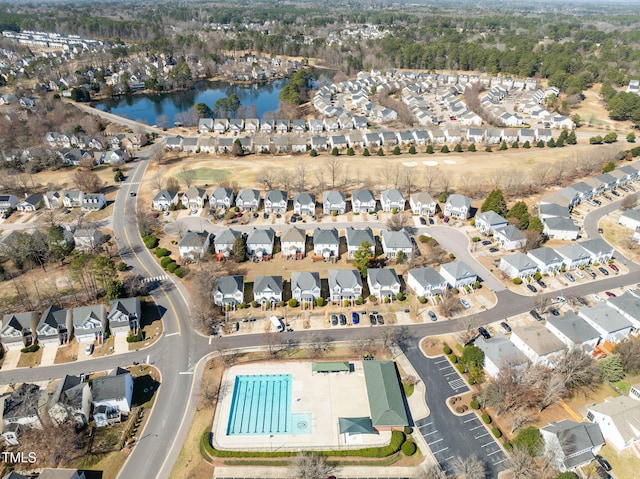 aerial view with a water view and a residential view