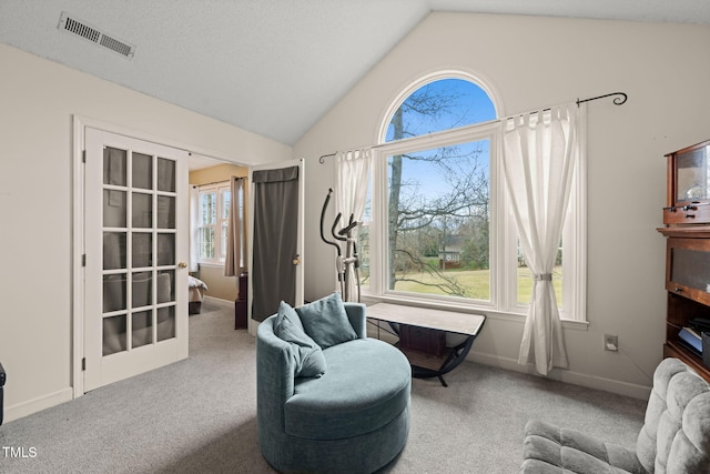 living area with carpet, vaulted ceiling, visible vents, and plenty of natural light