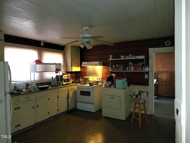 kitchen featuring a ceiling fan, white cabinets, washer / dryer, white appliances, and under cabinet range hood