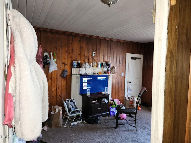 interior space with carpet flooring and wood walls