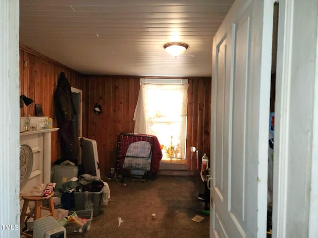 interior space featuring carpet floors and wood walls