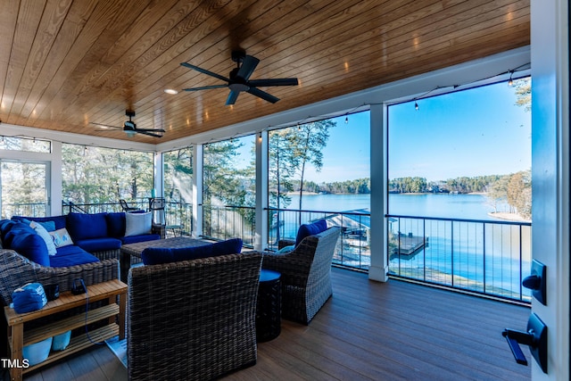 sunroom with a water view, wood ceiling, and a ceiling fan