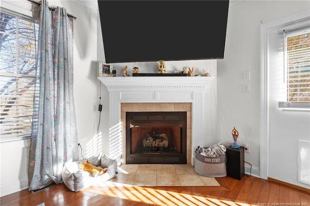 details featuring a fireplace, wood finished floors, and baseboards