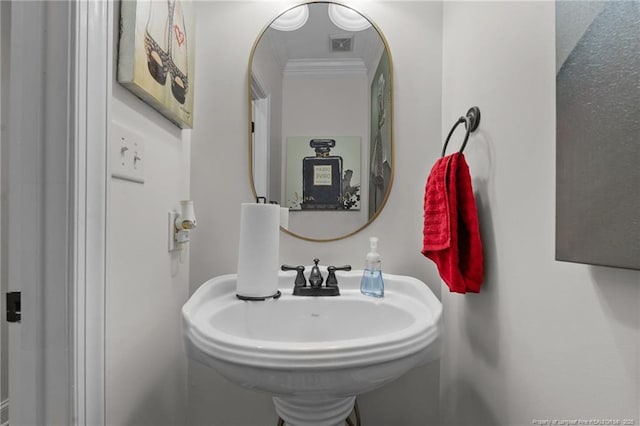 bathroom with ornamental molding, a sink, and visible vents