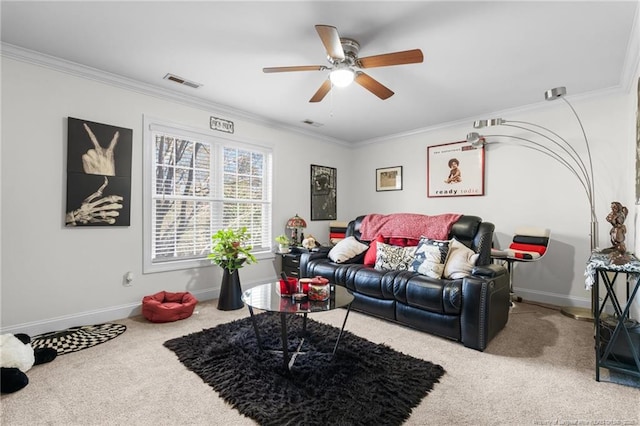 living room with baseboards, carpet, visible vents, and crown molding