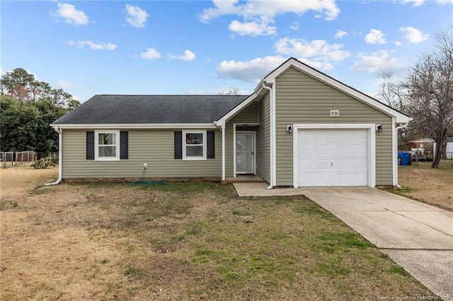 view of front facade with a garage, driveway, a front lawn, and a shingled roof