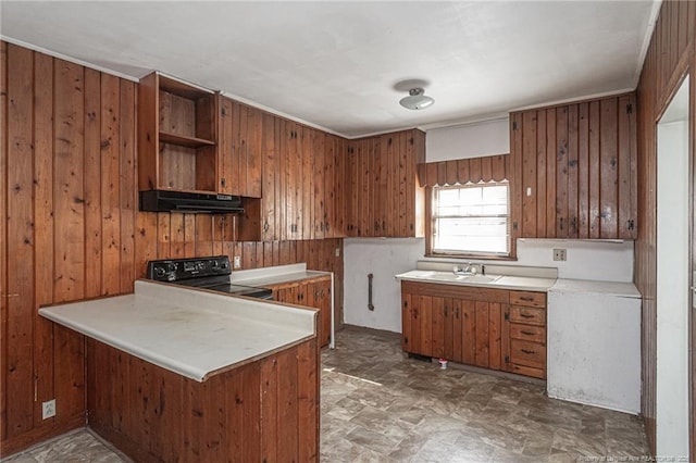 kitchen featuring brown cabinetry, wood walls, a sink, under cabinet range hood, and black / electric stove