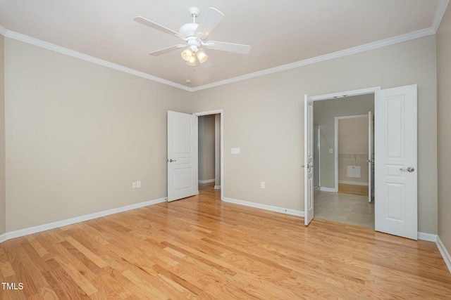 unfurnished bedroom with a ceiling fan, light wood-style flooring, ornamental molding, and baseboards