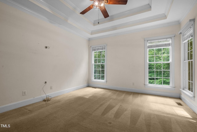 carpeted spare room featuring a wealth of natural light, a tray ceiling, visible vents, and baseboards