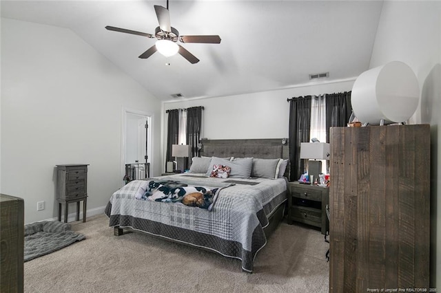 bedroom featuring high vaulted ceiling, ceiling fan, visible vents, and carpet flooring