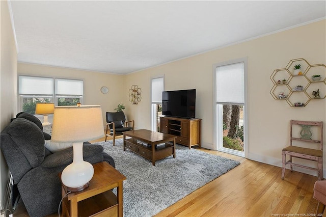 living room with ornamental molding, wood finished floors, a wealth of natural light, and baseboards