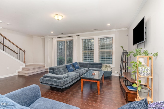 living room with baseboards, dark wood finished floors, ornamental molding, stairs, and recessed lighting