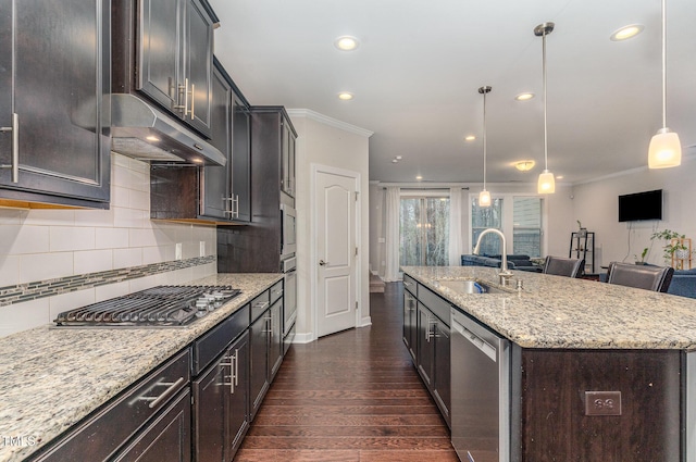 kitchen featuring dark wood-style flooring, a sink, ornamental molding, appliances with stainless steel finishes, and a center island with sink