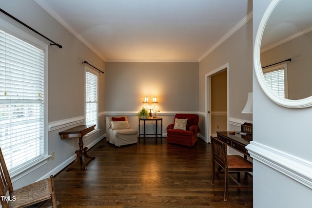 living area with a healthy amount of sunlight, baseboards, ornamental molding, and wood finished floors