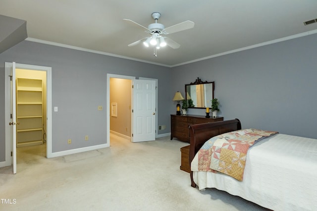 bedroom featuring light carpet, baseboards, and ornamental molding