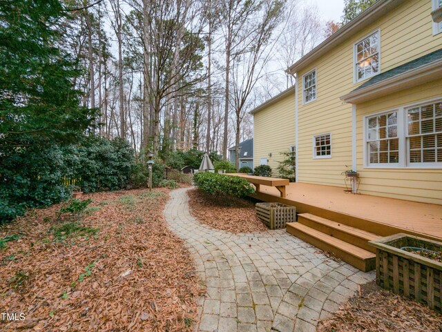 view of yard featuring a deck and a patio area