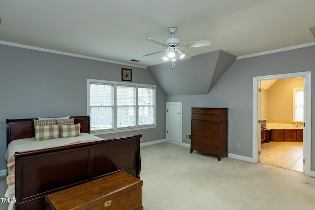 bedroom featuring light carpet, crown molding, and vaulted ceiling