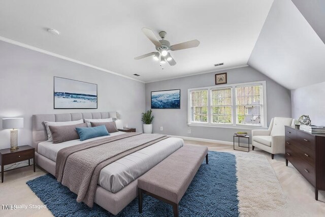bedroom with lofted ceiling, baseboards, a ceiling fan, and visible vents